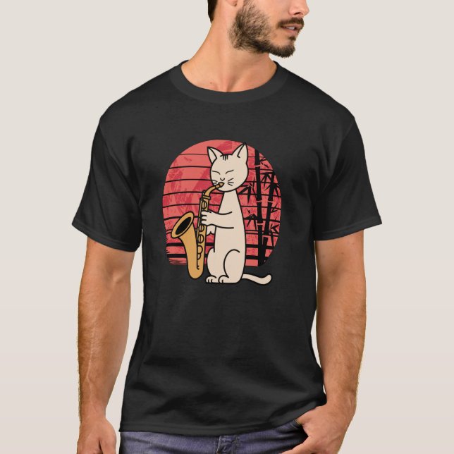 Camiseta Gato Fofo Tocando Saxofone Jazz com Diversão Retro (Frente)