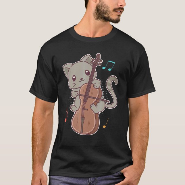 Camiseta Gato Fofo Tocando Violoncelo Japonês (Frente)