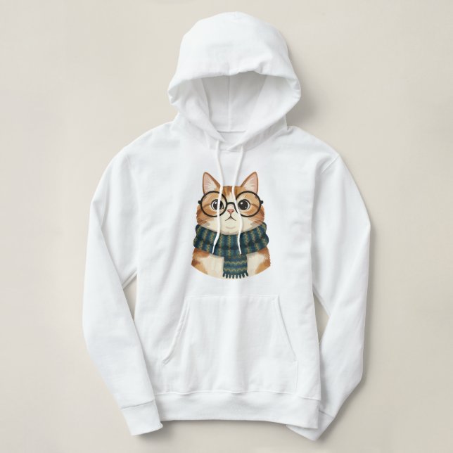 Camiseta Gato Fofo Usando Óculos e Cachecol – Hipster Aconc (Frente do Design)