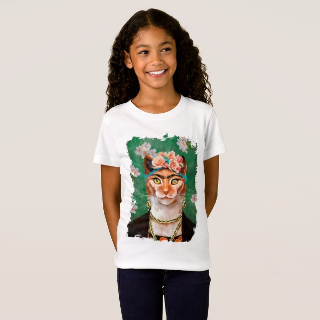 Camiseta gato Frida com flores (Frente Completa)