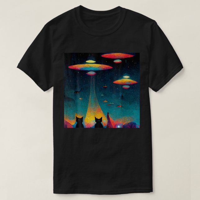 Camiseta Gato Galáxico Ufo Gatos Engraçado Invasão de Alien (Frente do Design)