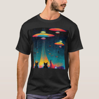 Camiseta Gato Galáxico Ufo Gatos Engraçado Invasão de Alien