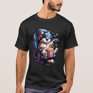 Camiseta Gato Gamer Gatinho Pipoca Cadeira Fones de Ouvido