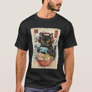 Camiseta Gato Gamer Kawaii Fofo Ramen Japonês Divertido Ret