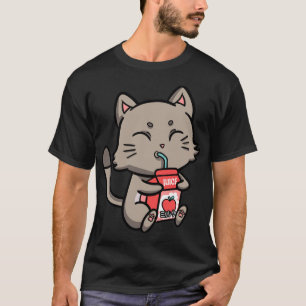 Camiseta Gato Gatinho Bebendo Manga de Fruta de Sumo de Maç