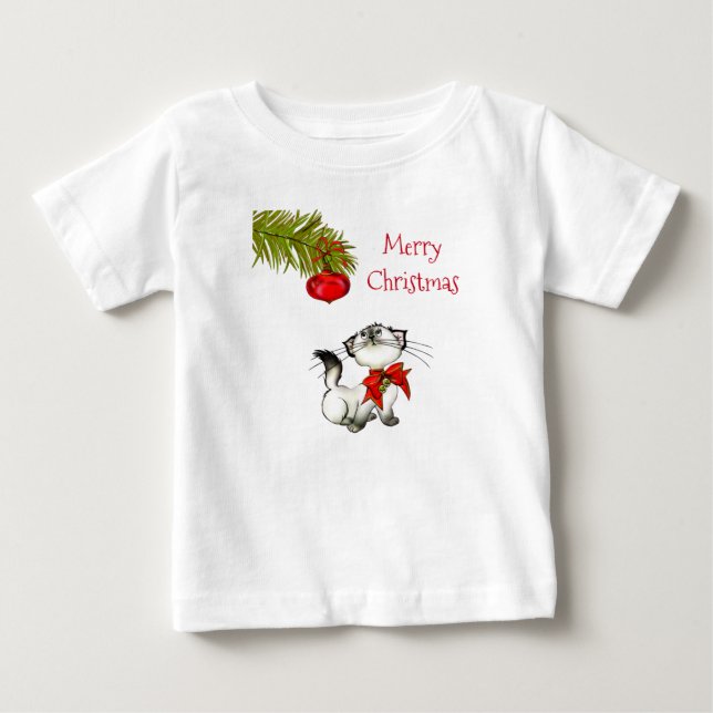 Camiseta Gato Gatinho Curioso Em Um Arco De Natal Vermelho (Frente)