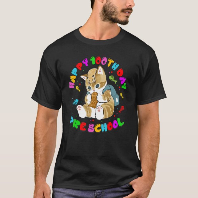 Camiseta Gato Gato Feliz 100º Dia Da Escola Para A Pré-Esco (Frente)
