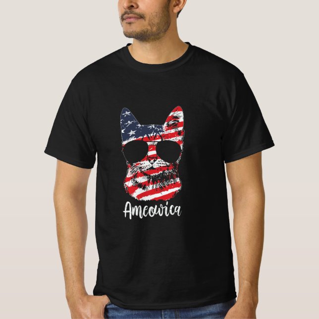 Camiseta Gato Gato Gato Gato Americano Bandeira 4 de julho (Frente)