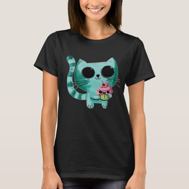 Camiseta Gato Gato Gato Gato Gato e Cupcake Kawaii (Frente)
