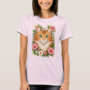 Camiseta Gato Gengibre Caprichoso e Flores Silvestres