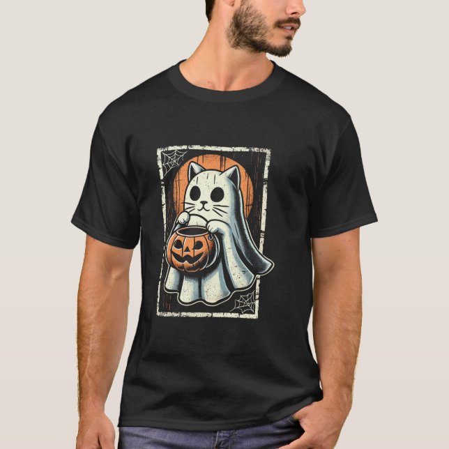 Camiseta Gato Ghost Bonito ou Tratar Goma-Laca Engraçada no (Frente)