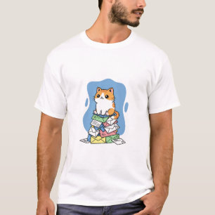Camiseta Gato Ginger Adorável Sentado em uma Pilha de Color