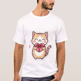 Camiseta Gato Ginger Kawaii Fofo Segurando Caixa de Present