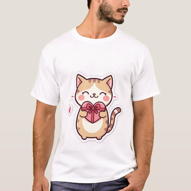 Camiseta Gato Ginger Kawaii Fofo Segurando Caixa de Present (Frente)