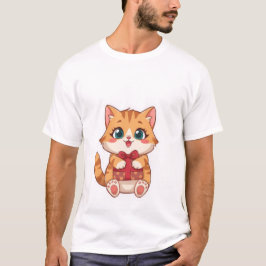 Camiseta Gato Ginger Kawaii Fofo Segurando Caixa de Present