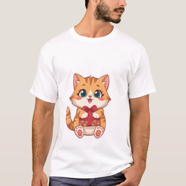 Camiseta Gato Ginger Kawaii Fofo Segurando Caixa de Present (Frente)