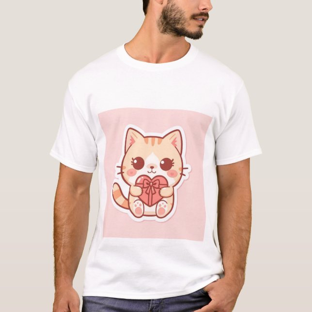 Camiseta Gato Ginger Kawaii Fofo Sentado com Presente de Co (Frente)