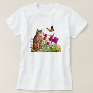 Camiseta Gato giro no Jardim Flor com Borboleta