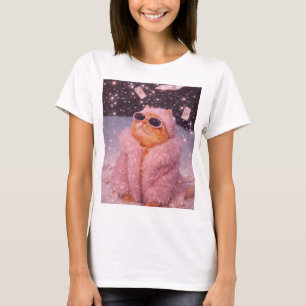 Camiseta Gato Glam Money com Casaco de Pele Rosa e Óculos d