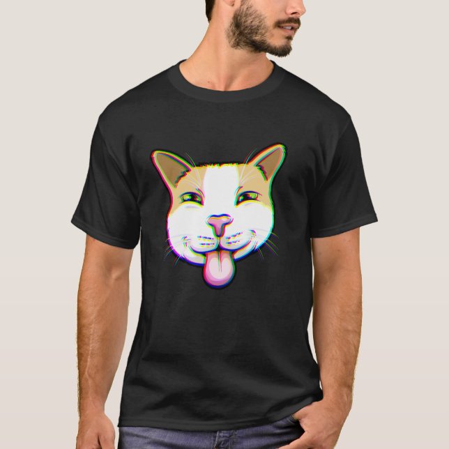 Camiseta Gato Glitch com Língua para Fora Arte de Meme Dive (Frente)