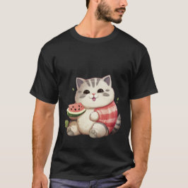 Camiseta Gato Gordinho Feliz com Arte de Verão de Melancia 