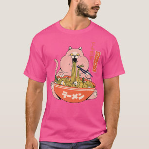 Camiseta Gato gordo e engraçado comendo Ramen Japonês Kanji