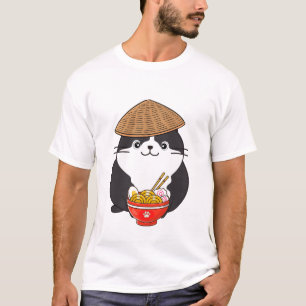 Camiseta Gato gordo engraçado está comendo macarrão