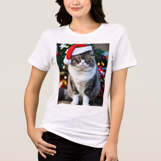 Camiseta Gato gordo rabugento com chapéu de Natal: diversão (Frente)