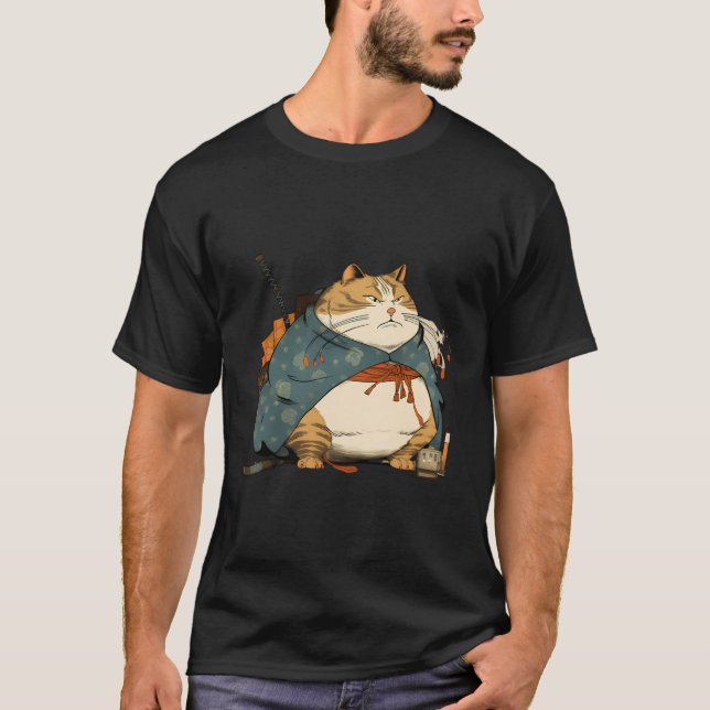 Camiseta Gato Gordo Samurai Japonês Estilo Ukiyo E (Frente)