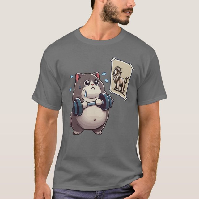 Camiseta Gato Gordo vs Leão - Engraçado de Gym Engraçado (Frente)