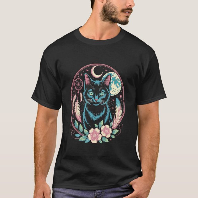 Camiseta Gato gótico fases da lua Apanhador de sonhos cotta (Frente)