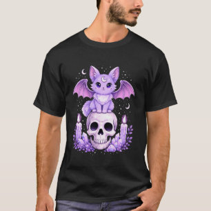 Camiseta Gato Gótico Fofo Morcego Kawaii Estética Gótica Pa