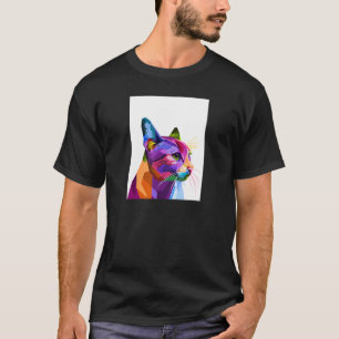 Camiseta Gato Gráfico Colorido Geométrico Abstrato de Vida