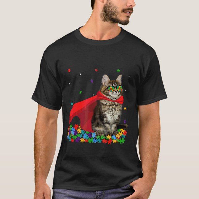 Camiseta Gato Gráfico de Consciência do Autismo legal Ameri (Frente)