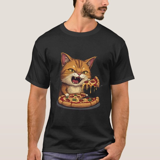Camiseta Gato Grumpy Come Pizza: Camisa-Gato Engraçada (Frente)