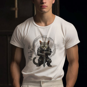 Camiseta Gato Guerreiro vestindo uma armadura, segurando um