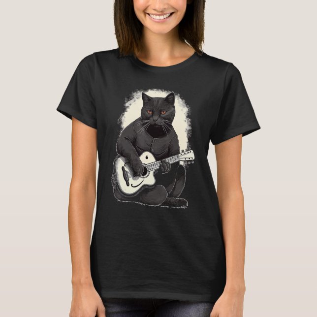 Camiseta Gato-Guitarrista Negro-Musgo Gatos-Bomba Com Guit (Frente)