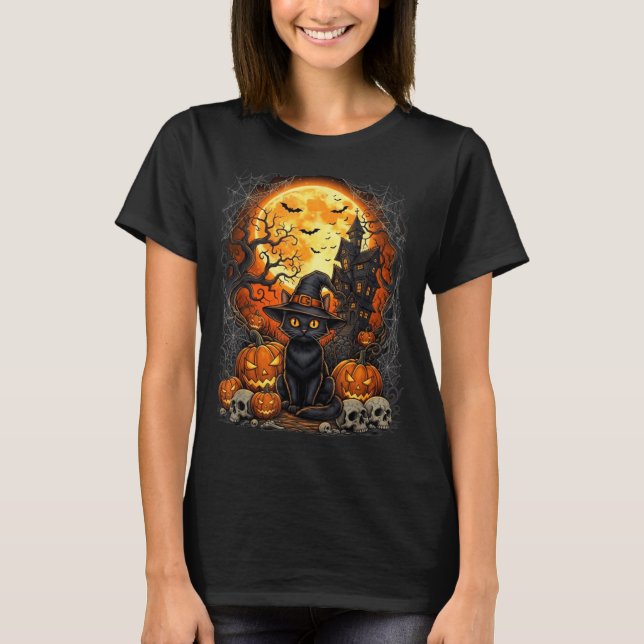 Camiseta Gato Halloween Abóbora Preto (Frente)