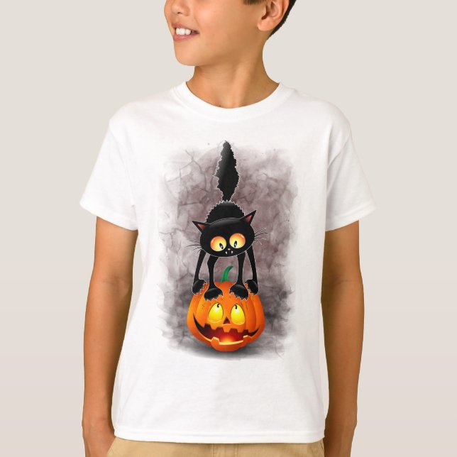 Camiseta Gato Halloween Caricatura Assustada na Pumpkin (Frente)
