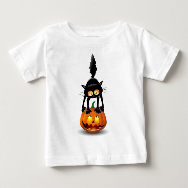 Camiseta Gato Halloween Caricatura Assustada na Pumpkin (Frente)