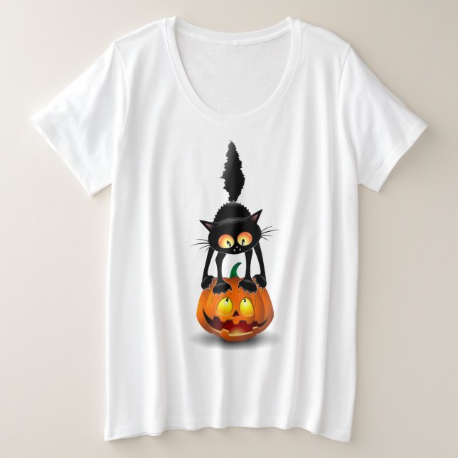Camiseta Gato Halloween Caricatura Assustada na Pumpkin (Frente do Design)