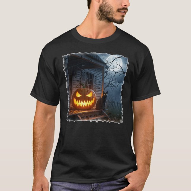 Camiseta Gato Halloween com Jack-o-Lanterna (Frente)