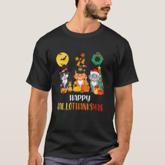 Camiseta Gato Halloween E Feliz Natal Feliz Hallothank