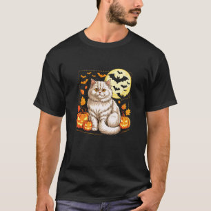 Camiseta Gato Halloween Fofo Gato Persa Abóbora Assustador 