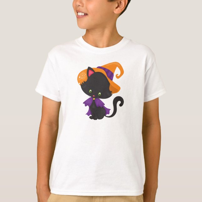 Camiseta Gato Halloween, Gato Bonito, Gato Negro, Chapéu de (Frente)