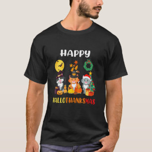 Camiseta Gato Halloween Natal Feliz Hallothanksmas Ação de 