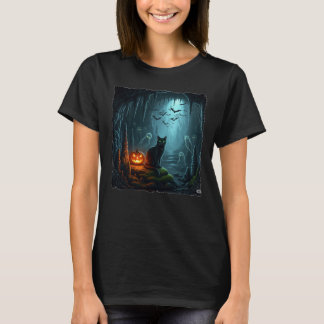 Camiseta Gato Halloween numa caverna assombrada!
