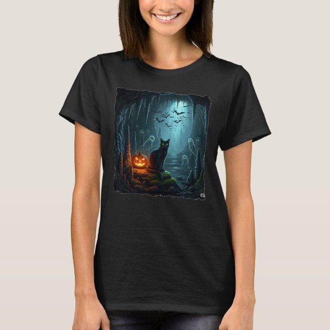 Camiseta Gato Halloween numa caverna assombrada! (Frente)