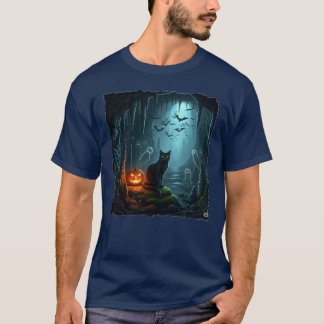 Camiseta Gato Halloween numa caverna assombrada!