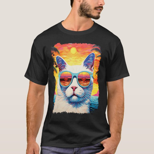 Camiseta Gato Havaiano Branco Pop Art (Frente)